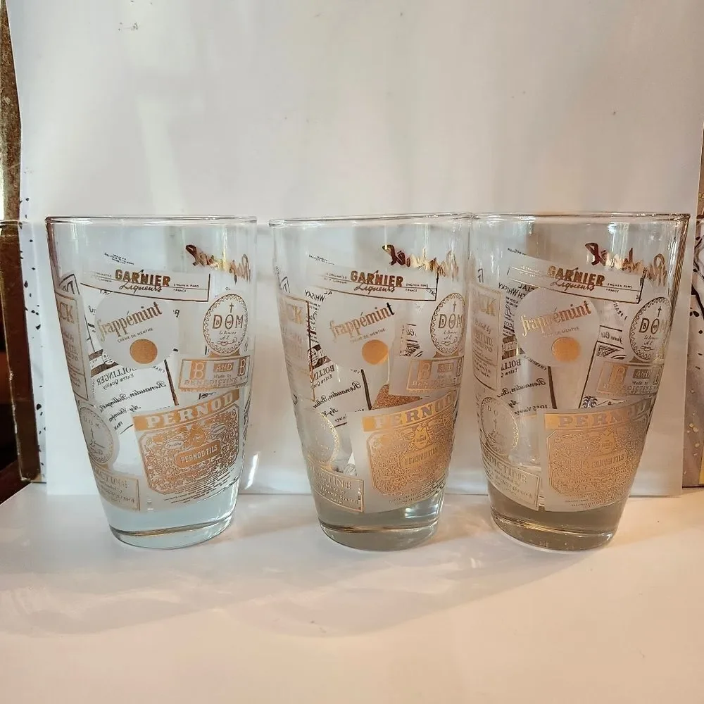 Vintage Mint '60s Set Of 3 22k Gold European Brand Graphics Drinking/Bar Glasses